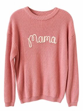 Embroidered 'Mama' Crewneck Sweater in Pink Medium Soft Cozy